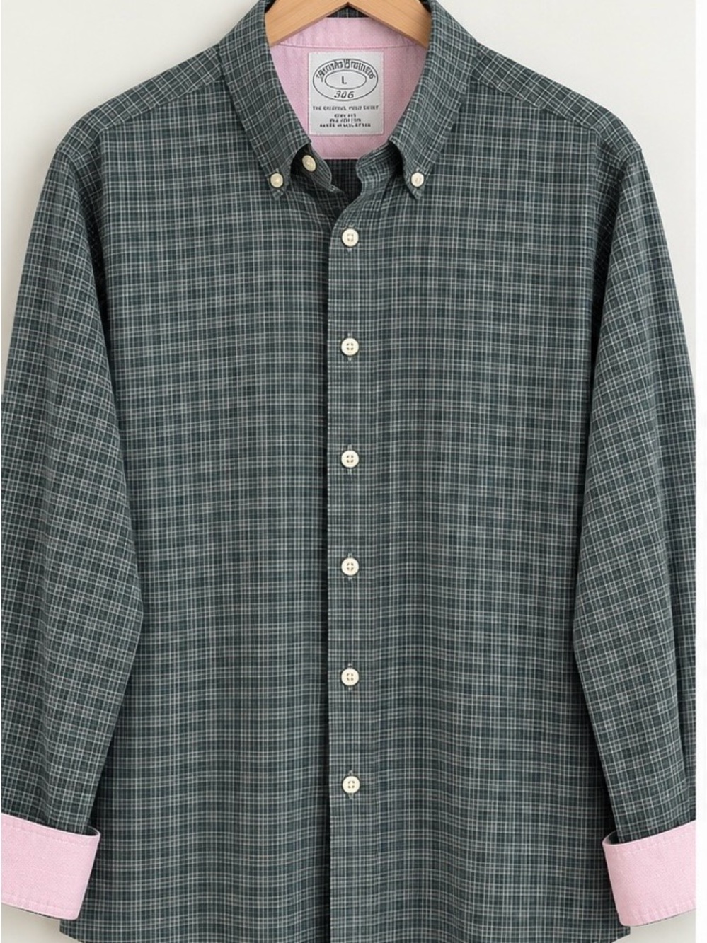 Brooks Brothers Green Plaid Button-Down Shirt with Pink Contrast Trim